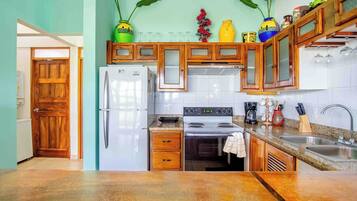 Full-sized fridge, stovetop, dishwasher, coffee/tea maker