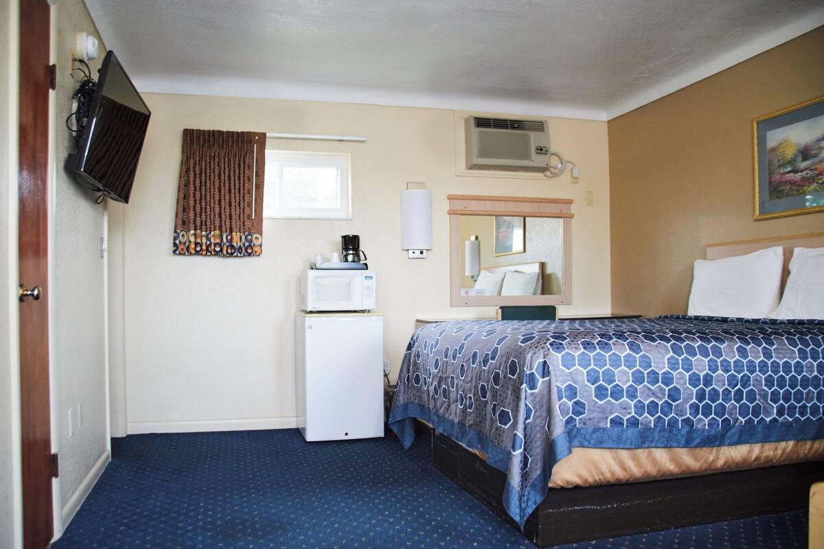 A hotel room with a bed, a television, a refrigerator, a window with curtains, and a painting on the wall.