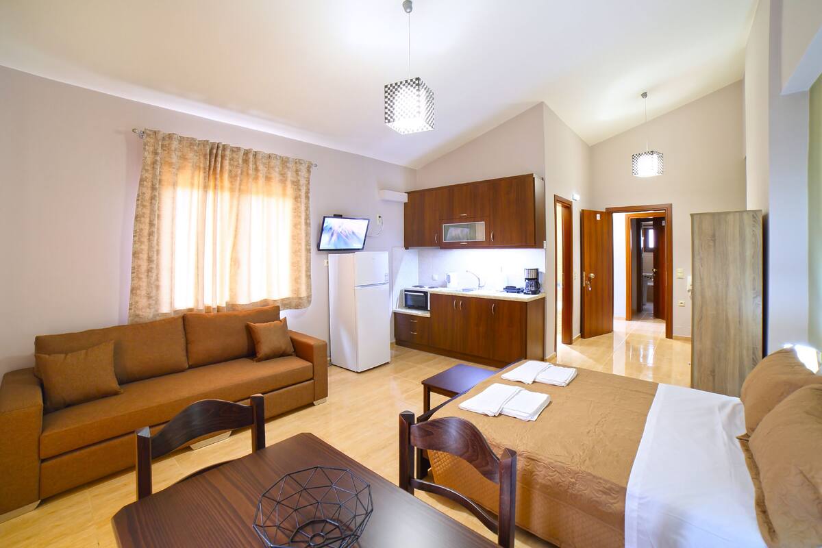 A compact living space with a sofa, a dining table, a bed, a kitchenette, and a TV.