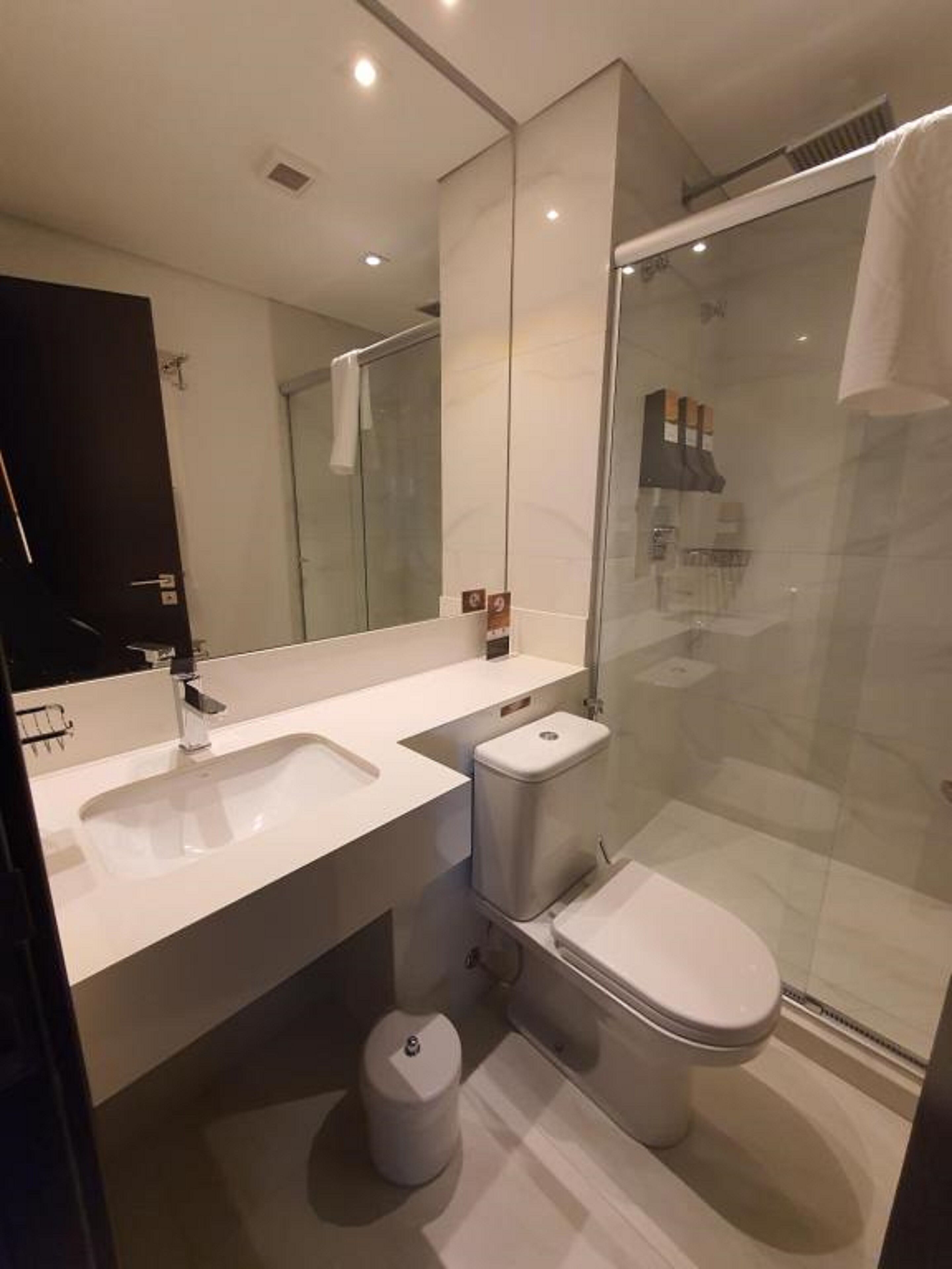 A modern bathroom with a large mirror, two sinks, a toilet, and a glass-enclosed shower.