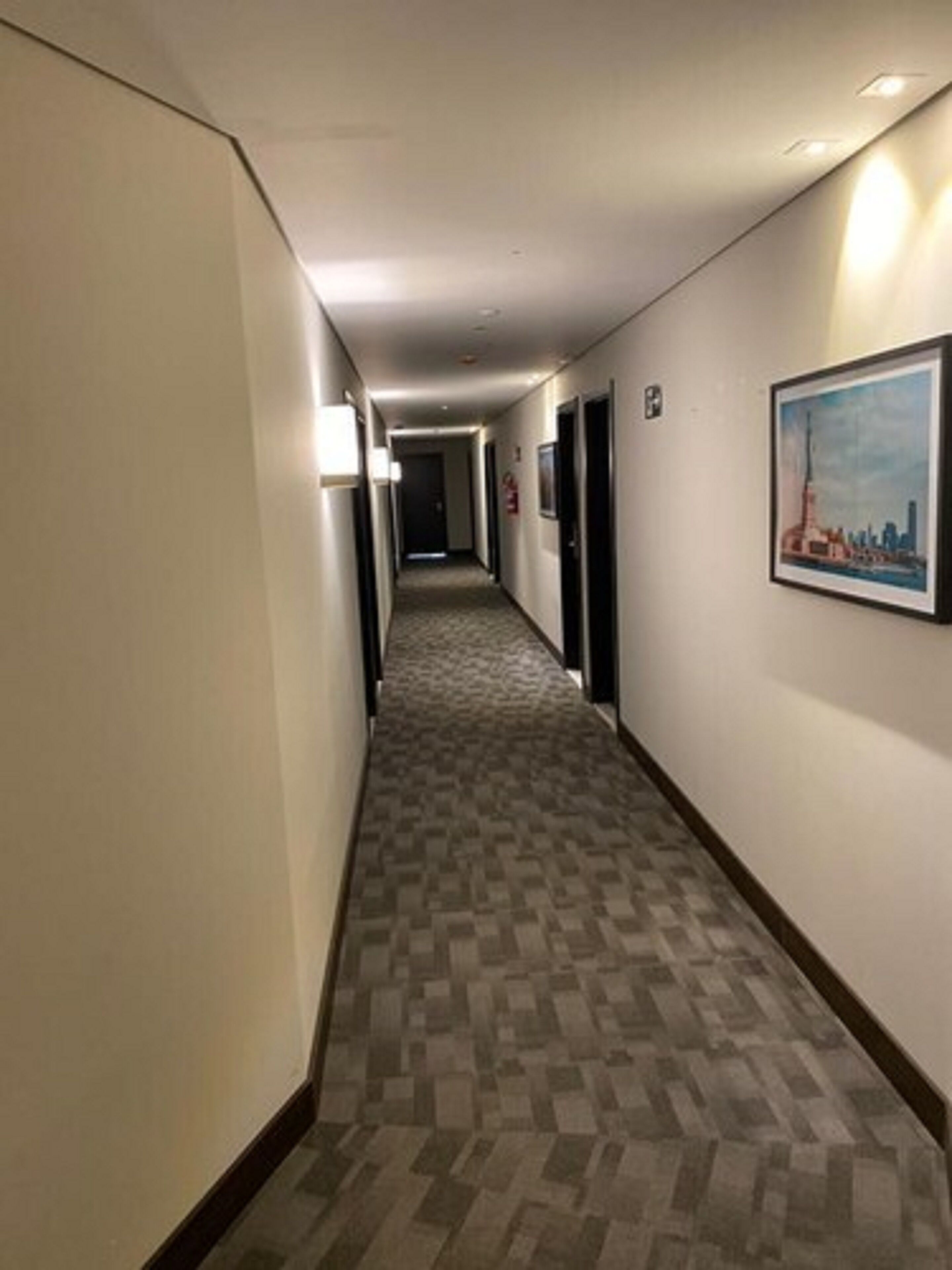 Un pasillo de hotel con piso alfombrado, puertas y un cuadro en la pared.