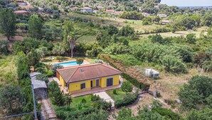 Una villa amarilla con piscina, rodeada de exuberante vegetación y colinas.
