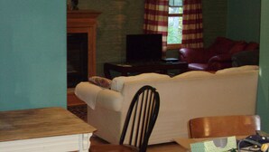 A living room with a sofa, a television, a fireplace, and a window with curtains. - Family and Friends 4 Bedroom Newer Vacation Home (Petoskey)