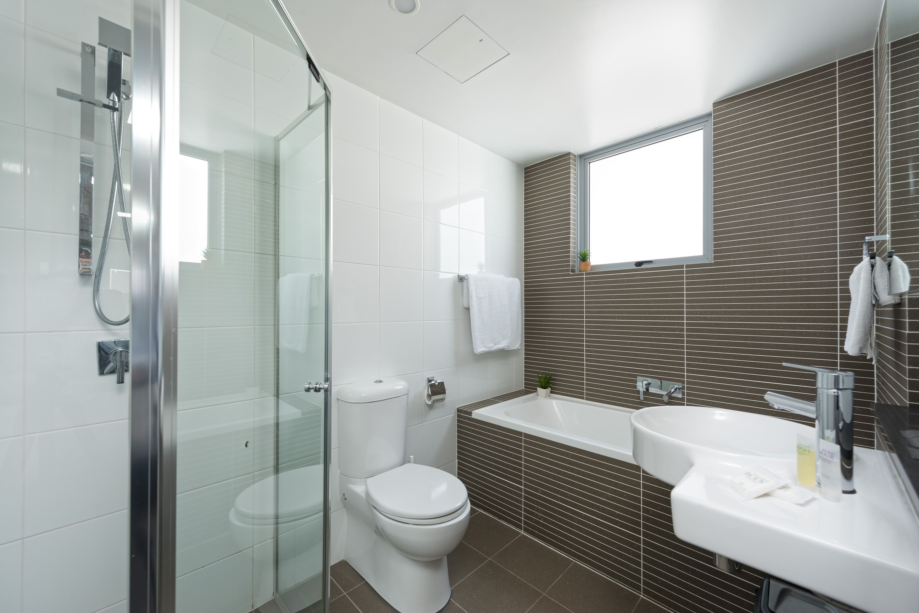 Separate tub and shower, hair dryer, towels, toilet paper