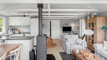 Een televisie en een open haard