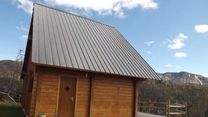 Une cabane en bois avec un toit en métal, une porte en bois et un petit porche.