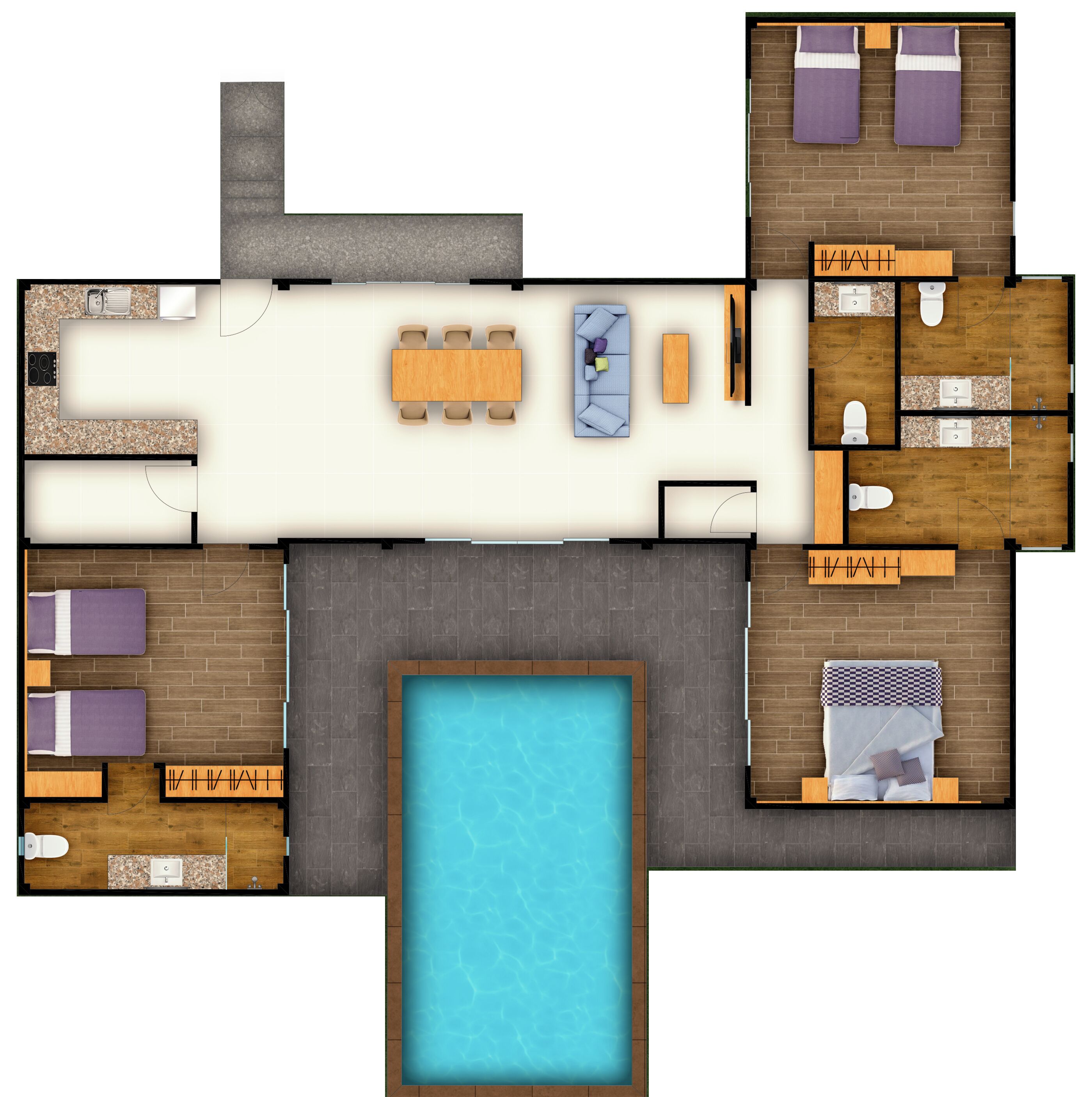 A hotel layout with a pool, multiple bedrooms, a dining area, and a bathroom.