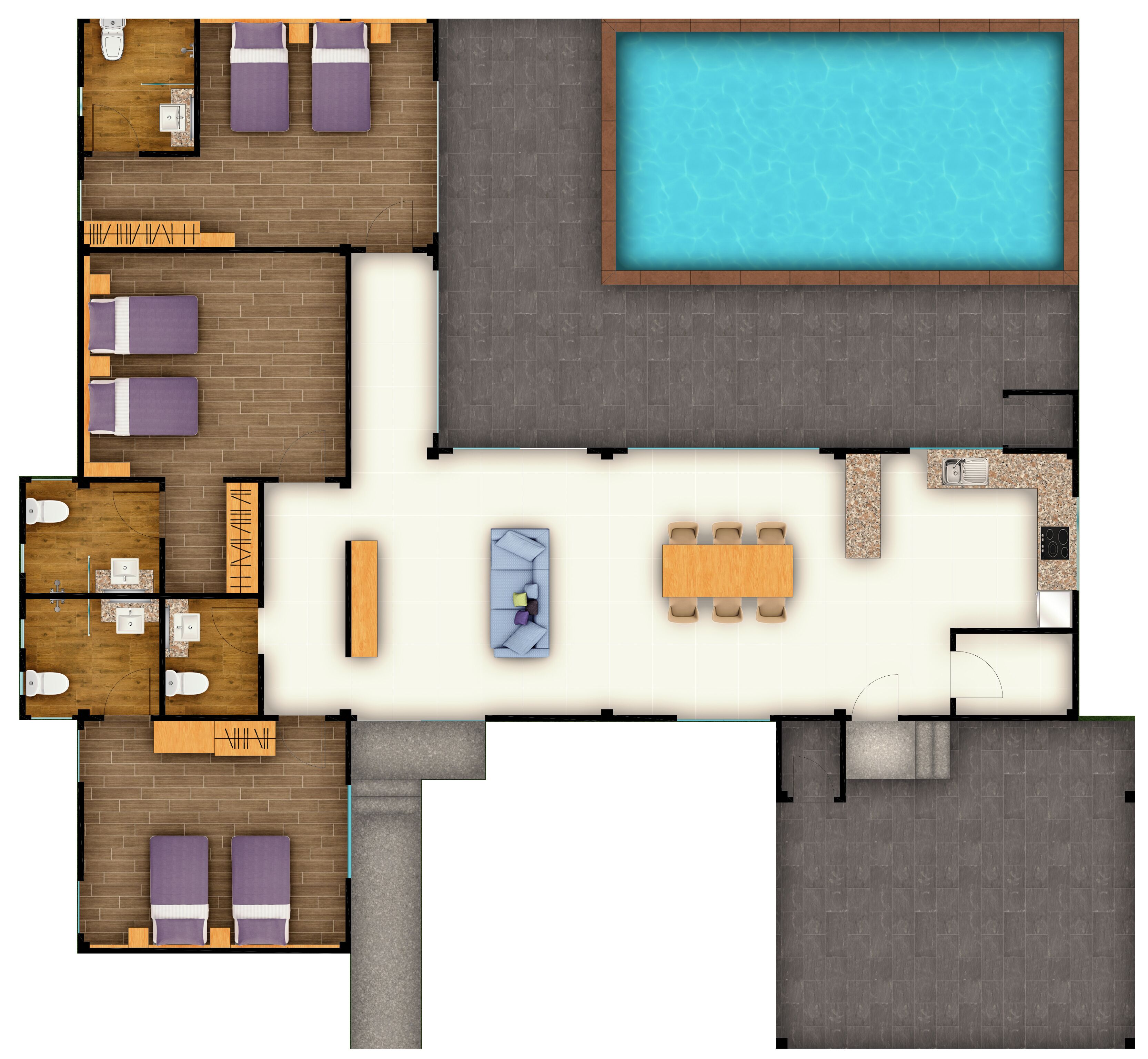 Plànol d'un hotel amb piscina, diverses habitacions, zona de dinar i cuina.