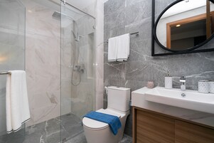 A modern bathroom with a glass-enclosed shower, a toilet with a blue towel, and a sink with toiletries.
