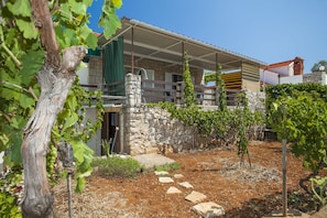 Ein Steinhaus mit überdachter Terrasse und einem Weinberg im Vordergrund.