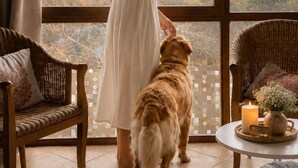 En kvinna i en vit klänning står vid ett fönster med en hund och blickar ut över ett bergigt landskap.