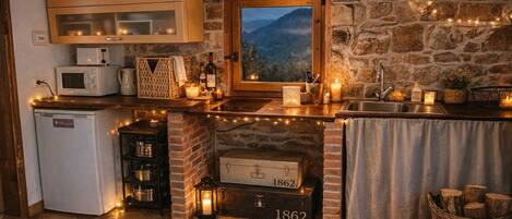 Fridge, microwave, stovetop, coffee/tea maker