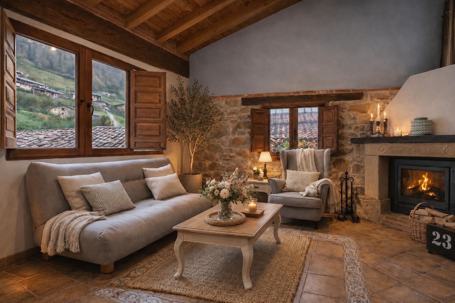 Una televisión, una chimenea, libros