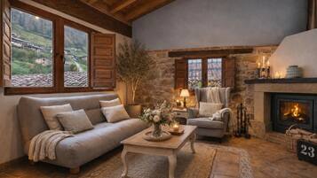 Una televisión, una chimenea, libros