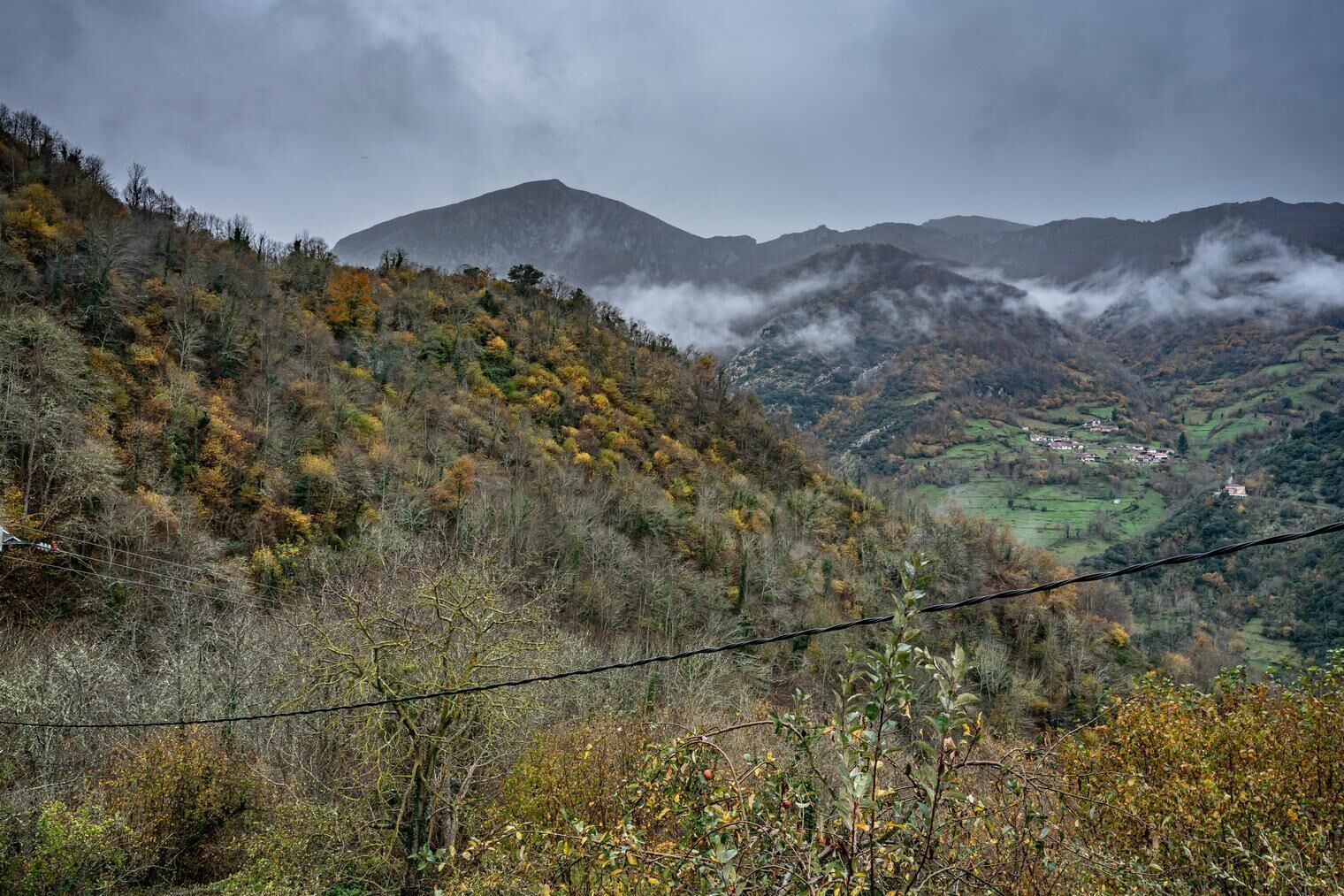 Un paysage montagneux aux couleurs automnales, une vallée parsemée de maisons et une ligne électrique au premier plan.