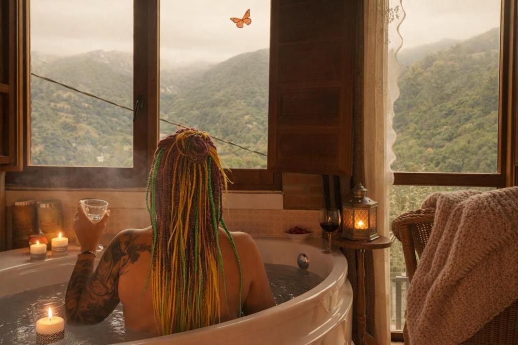 Une personne dans une baignoire, avec vue sur un paysage montagneux par la fenêtre.