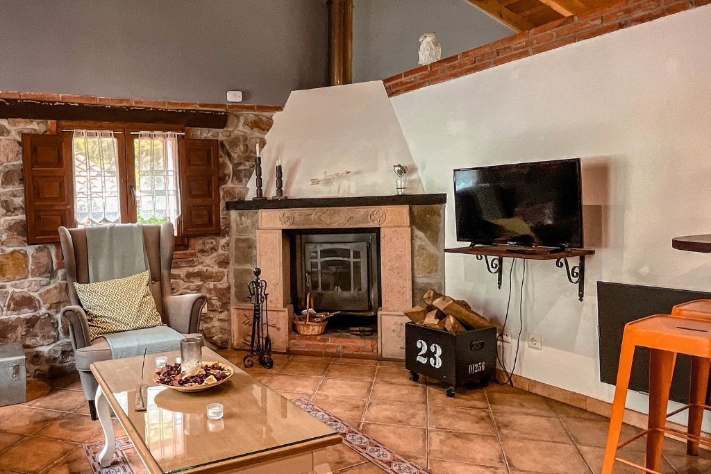 TV, caminetto, libri