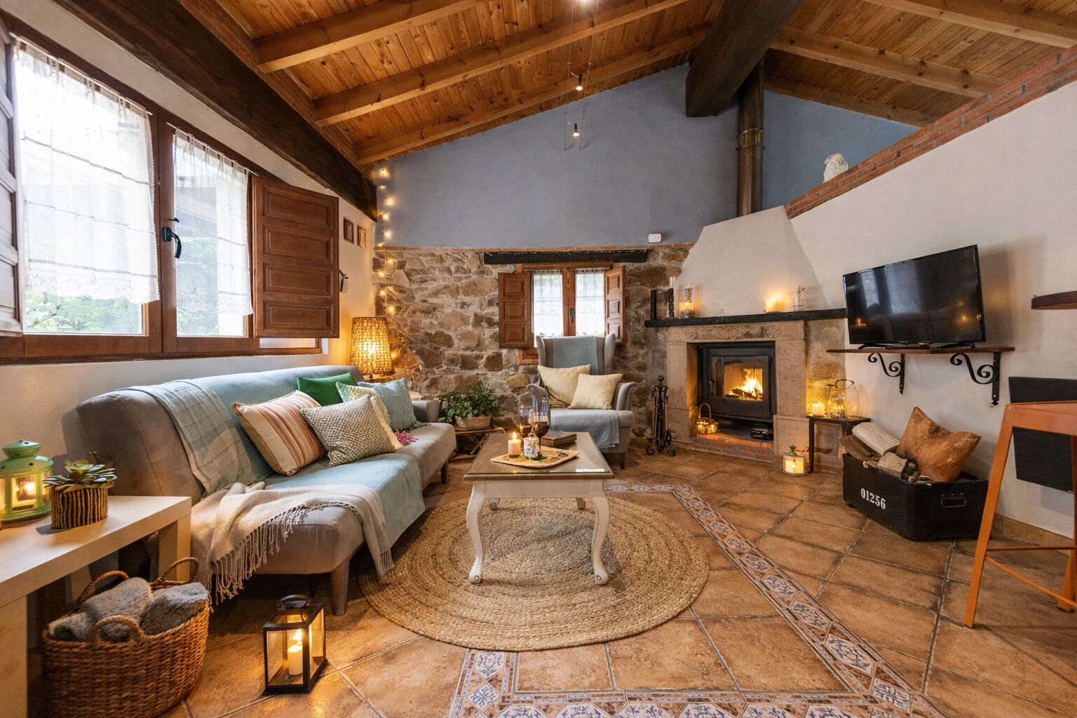 TV, fireplace, books