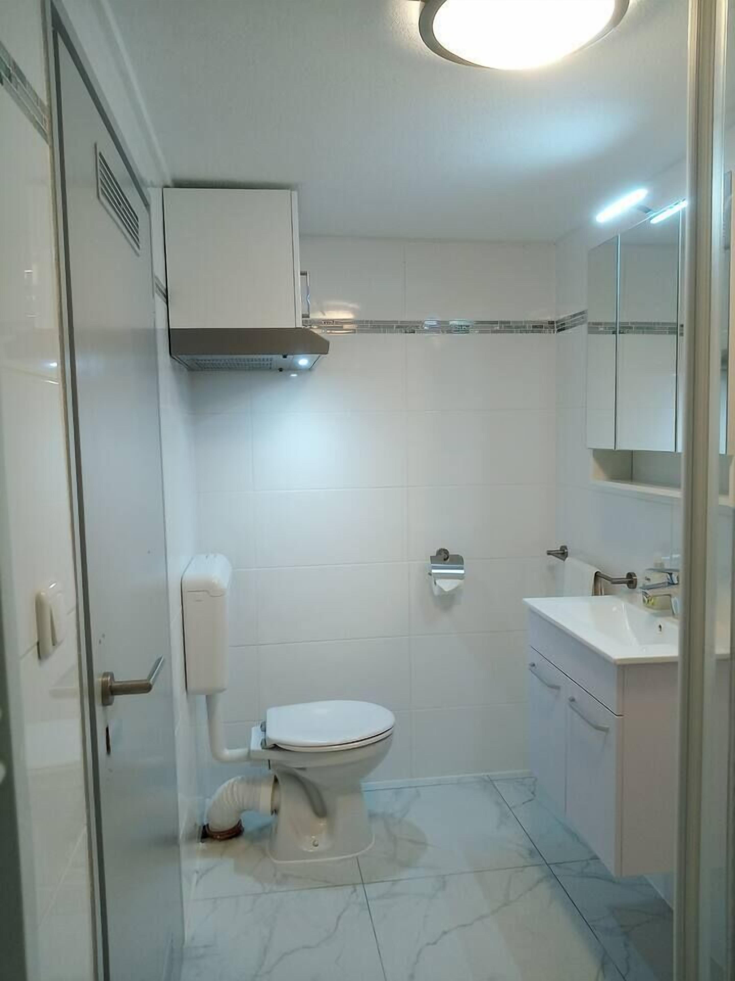 A modern bathroom with a toilet, sink, and mirror.