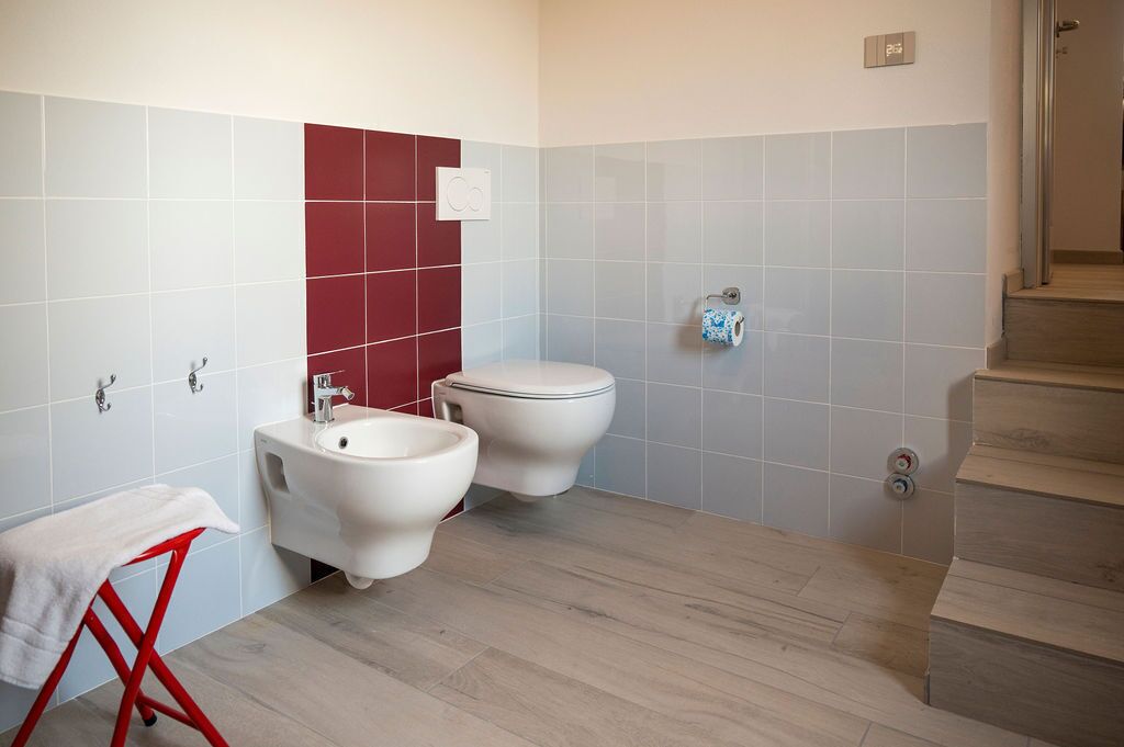 Een moderne badkamer met een hygiëneschuiver, toilet en wastafel.