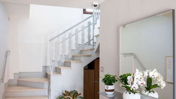 A modern interior with a staircase, a black cabinet, and potted plants. - Vino e Turismo (Cervasca)