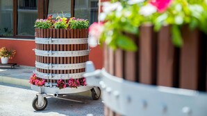A wheeled planter with flowers in front of a building. - Vino e Turismo (Cervasca)