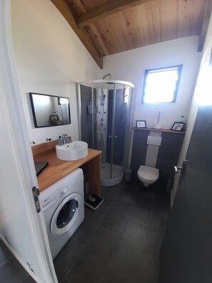 Shower, hair dryer, towels