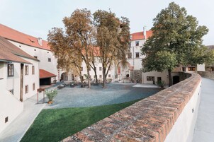 Un patio con muro de ladrillo, árboles y edificios con tejados rojos.