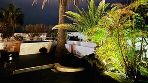 A palm tree in a well-lit outdoor area with a dark sky in the background. - Villa Mare Bella Ciao Sea view private pool A / C 500m from the beach (Puerto del Carmen)