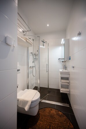 Bathtub, hair dryer, towels, soap