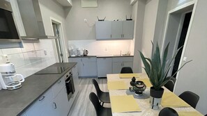 Fridge, microwave, high chair