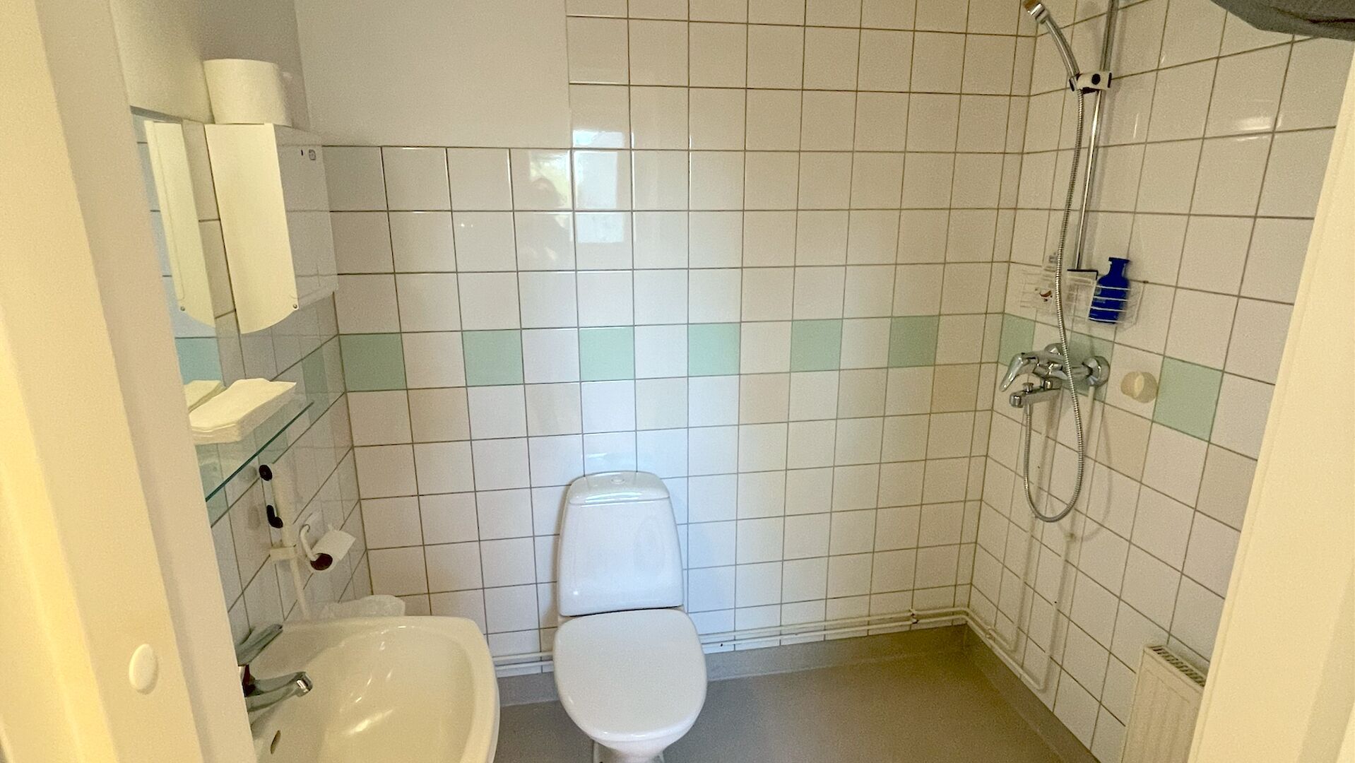Piccolo bagno rivestito di piastrelle, con wc, bidet e doccia.