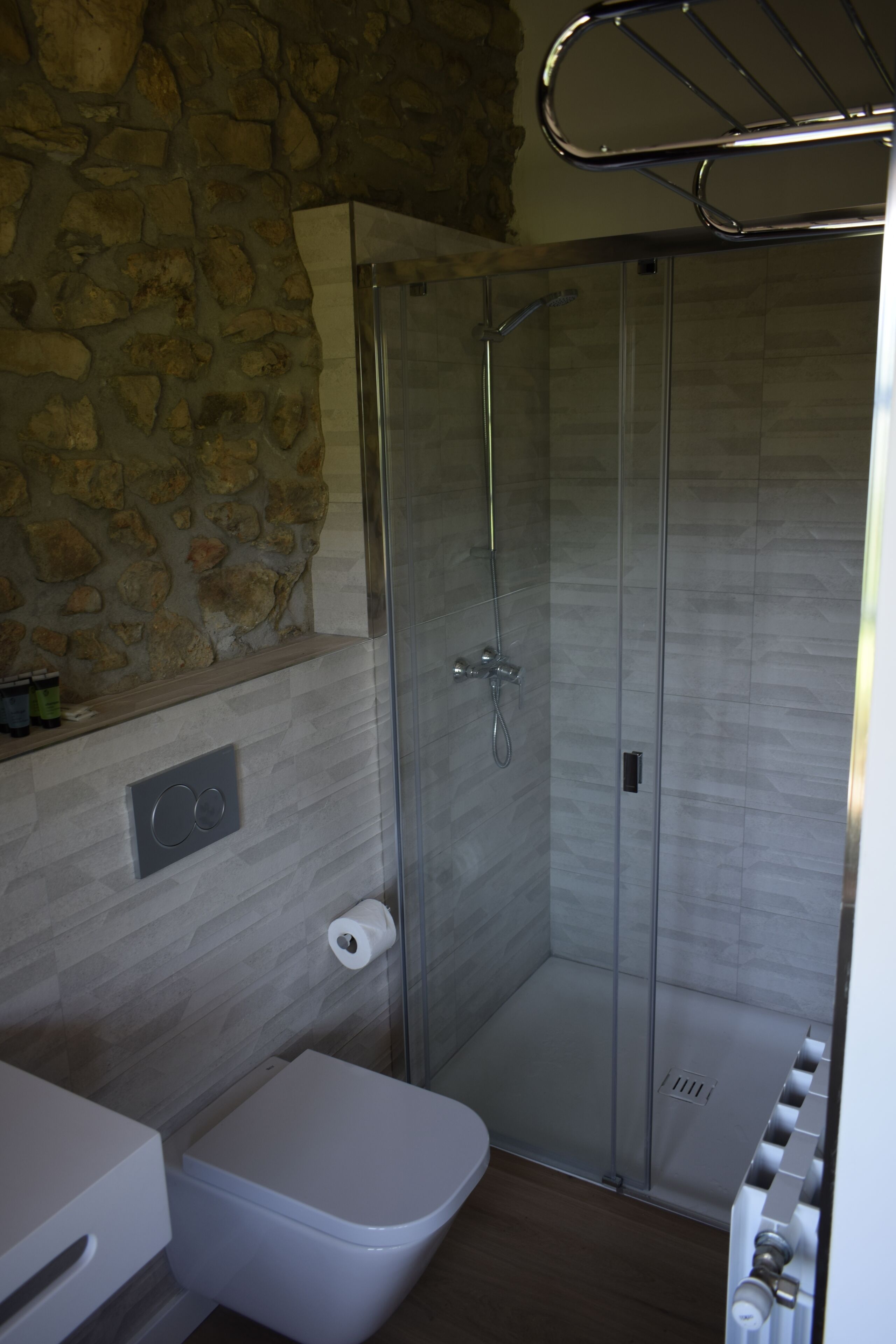 Ein Badezimmer mit Steinwand, Duschkabine aus Glas, Toilette und Waschbecken.
