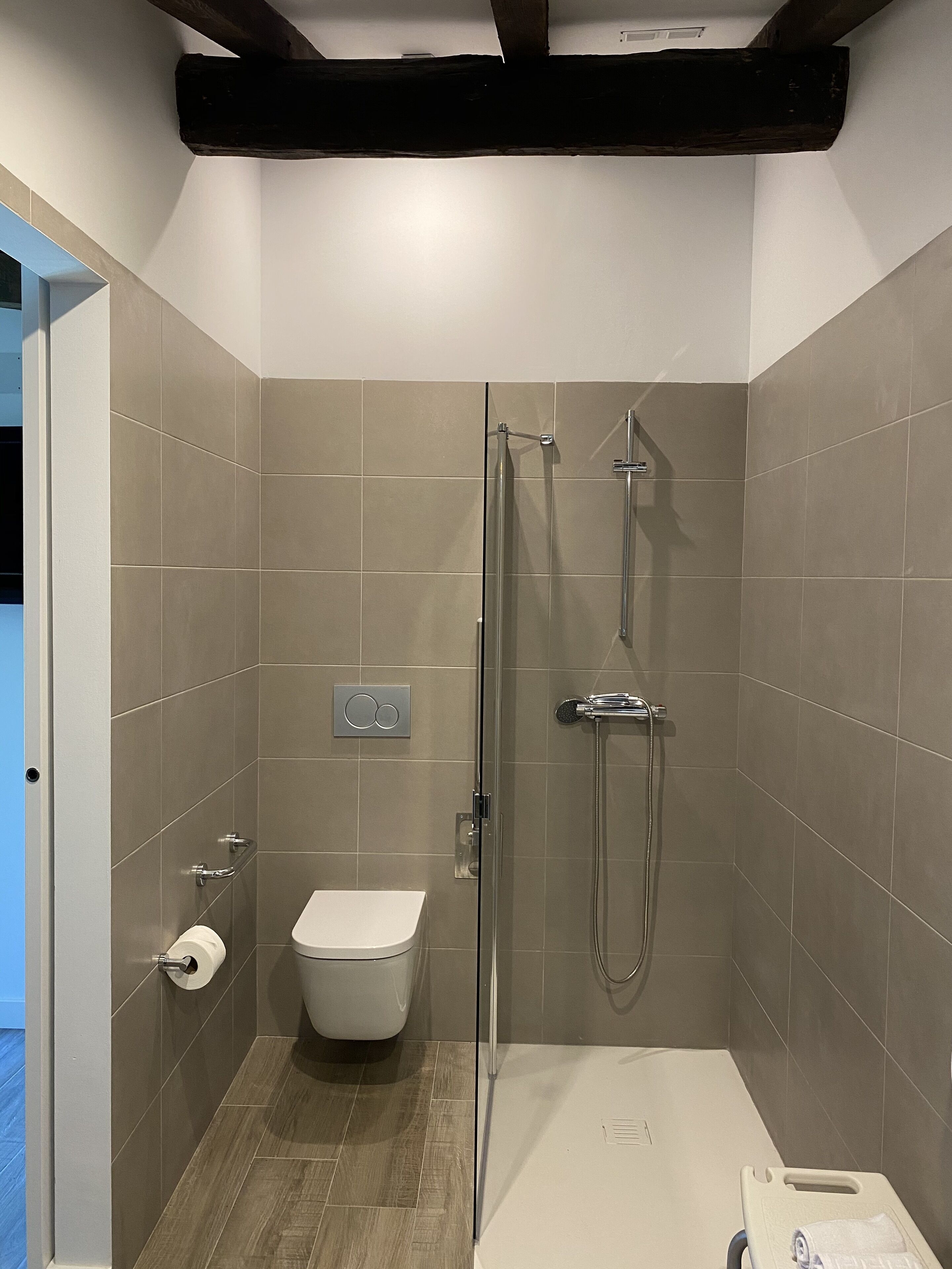 Une salle de bain moderne équipée d’une douche, de toilettes et d’un espace douche séparé par des parois en verre.