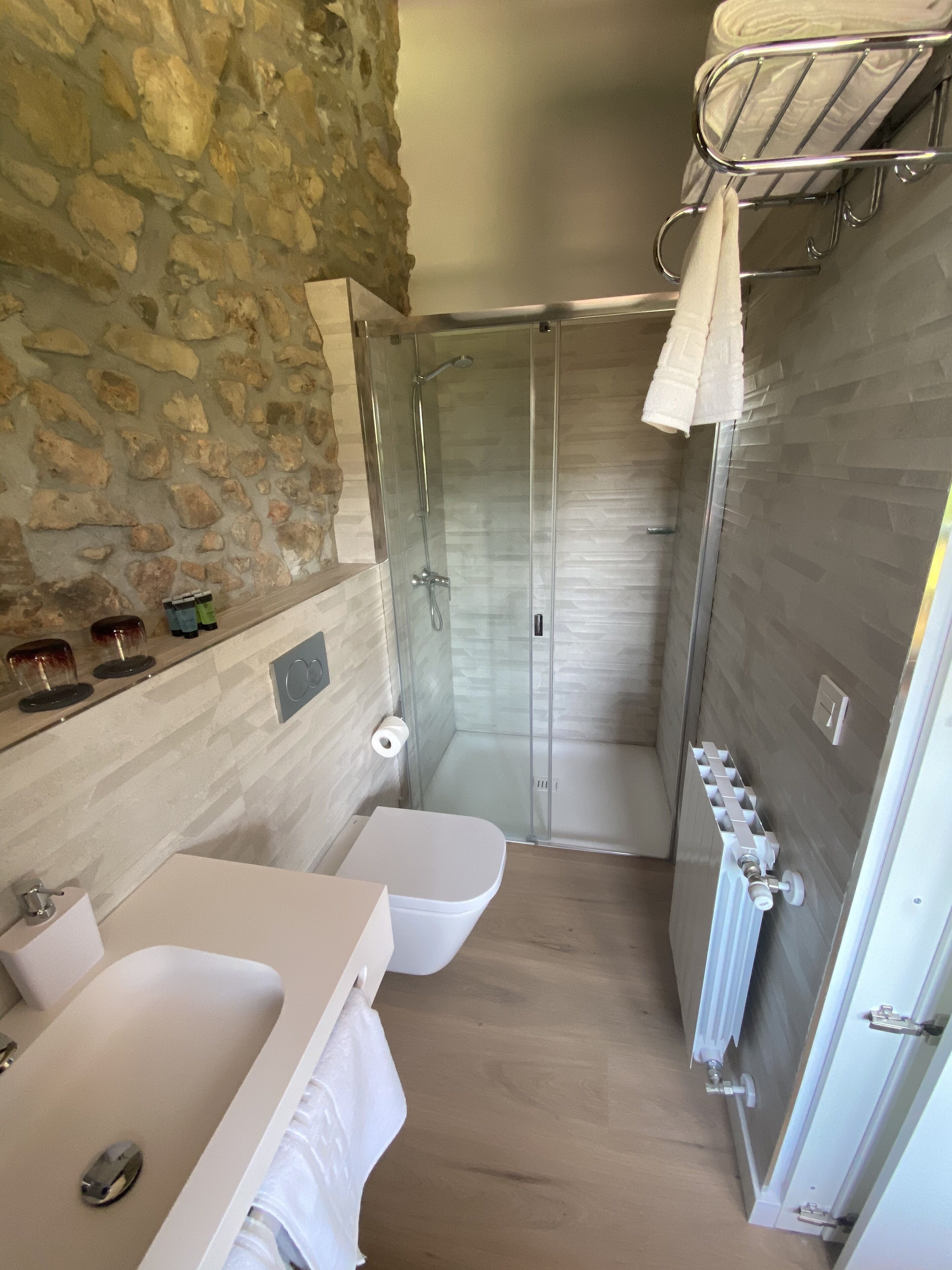 A modern bathroom with a stone wall, a glass-enclosed shower, a toilet, and a sink with a towel rack.