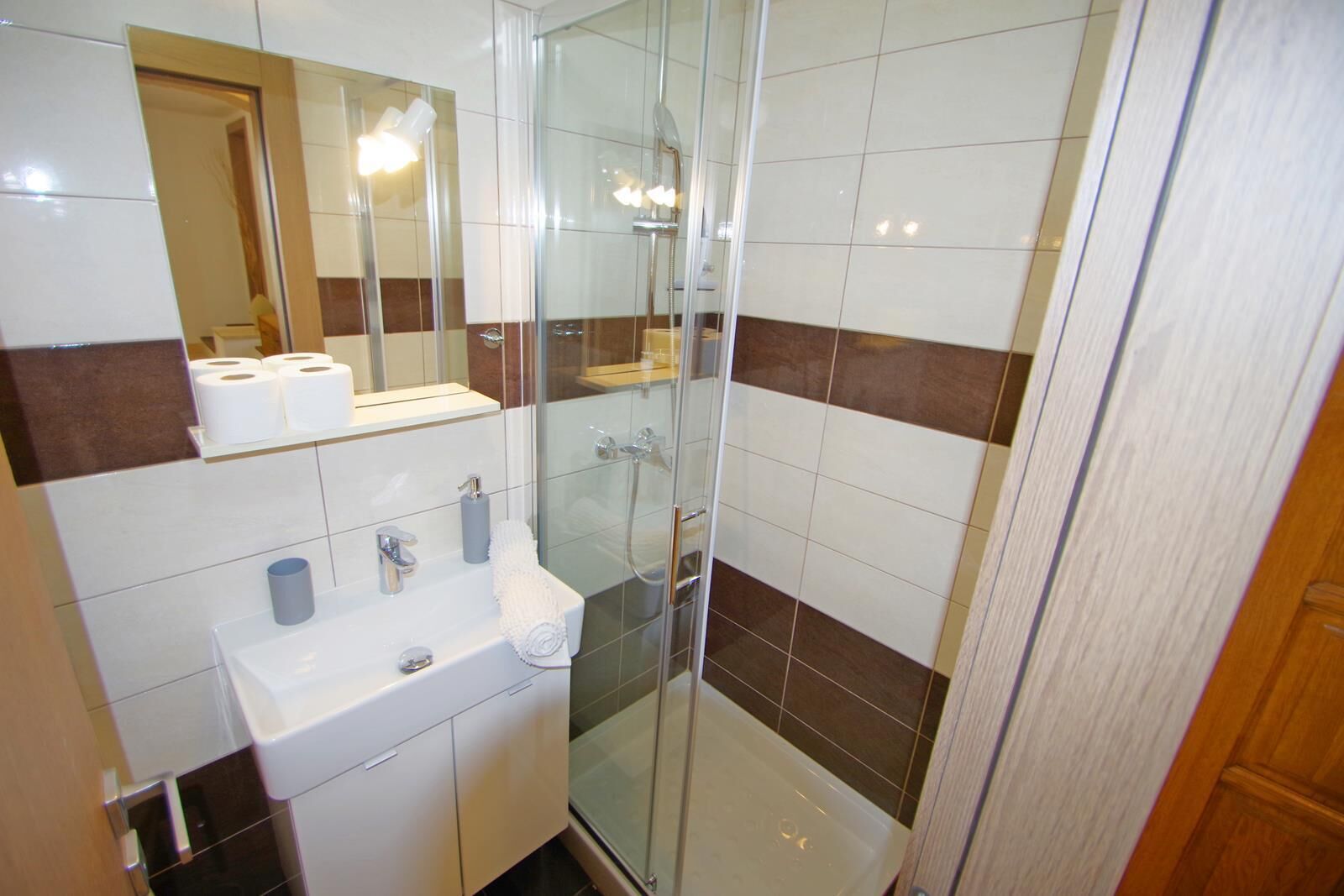 A bathroom with a glass-enclosed shower, a sink with a mirror, and toilet paper on the wall.