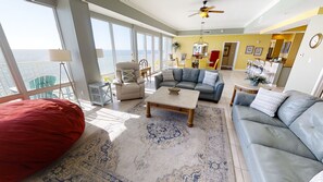 TV, DVD player, books, stereo