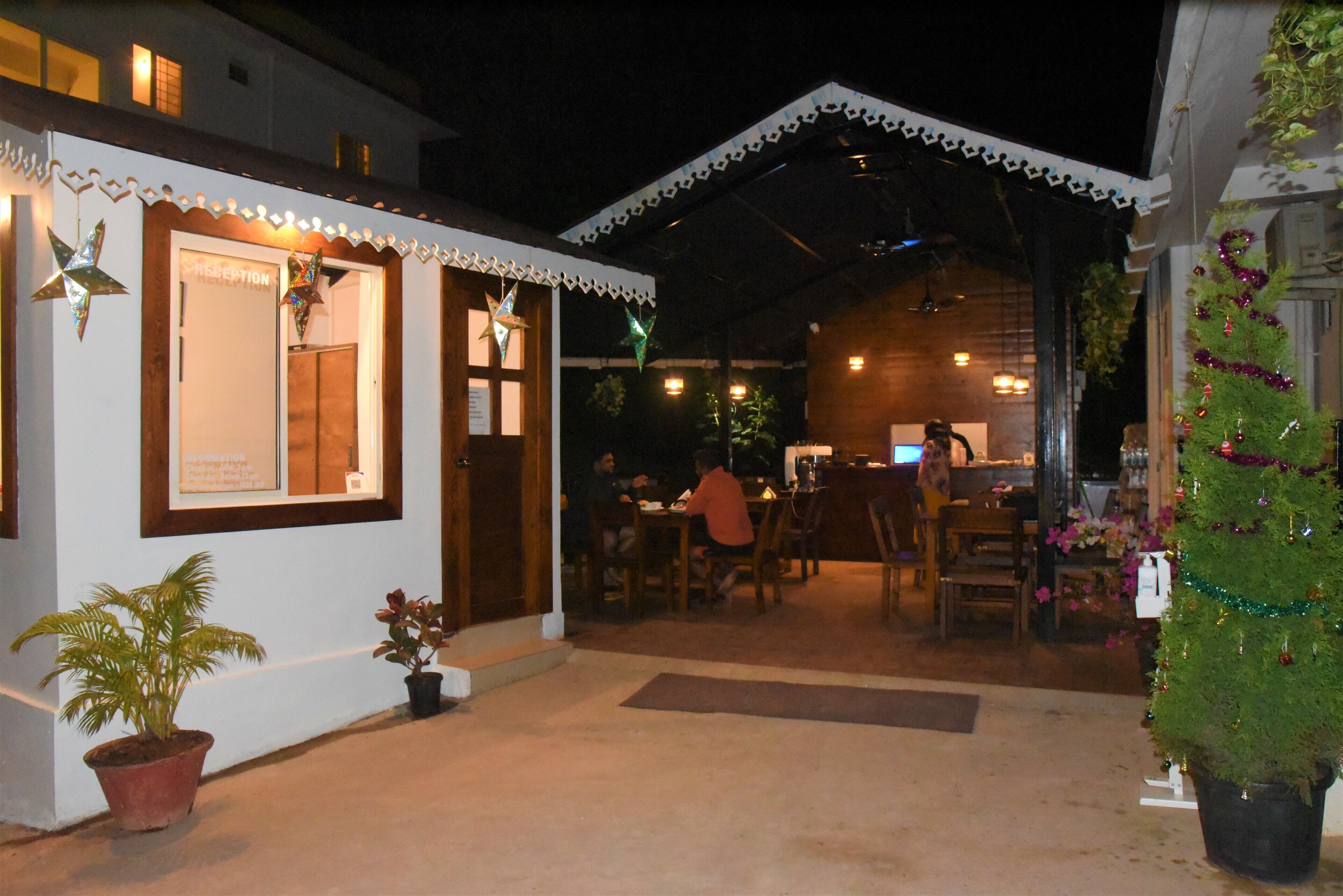 A cozy outdoor seating area with tables and chairs, a reception desk, and a Christmas tree.
