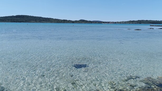 A clear view of a beach with calm water, distant hills, and a clear sky.