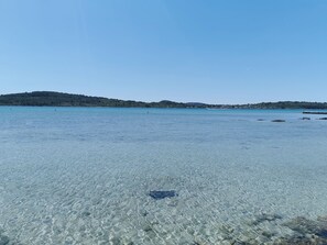 A clear view of a beach with calm water, distant hills, and a clear sky.