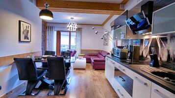 Apartment, 1 Bedroom, Fireplace | Living area | 46-inch LCD TV with digital channels, TV, video-game console