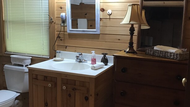 A wooden cabin bathroom with a sink, mirror, and a window with blinds.
