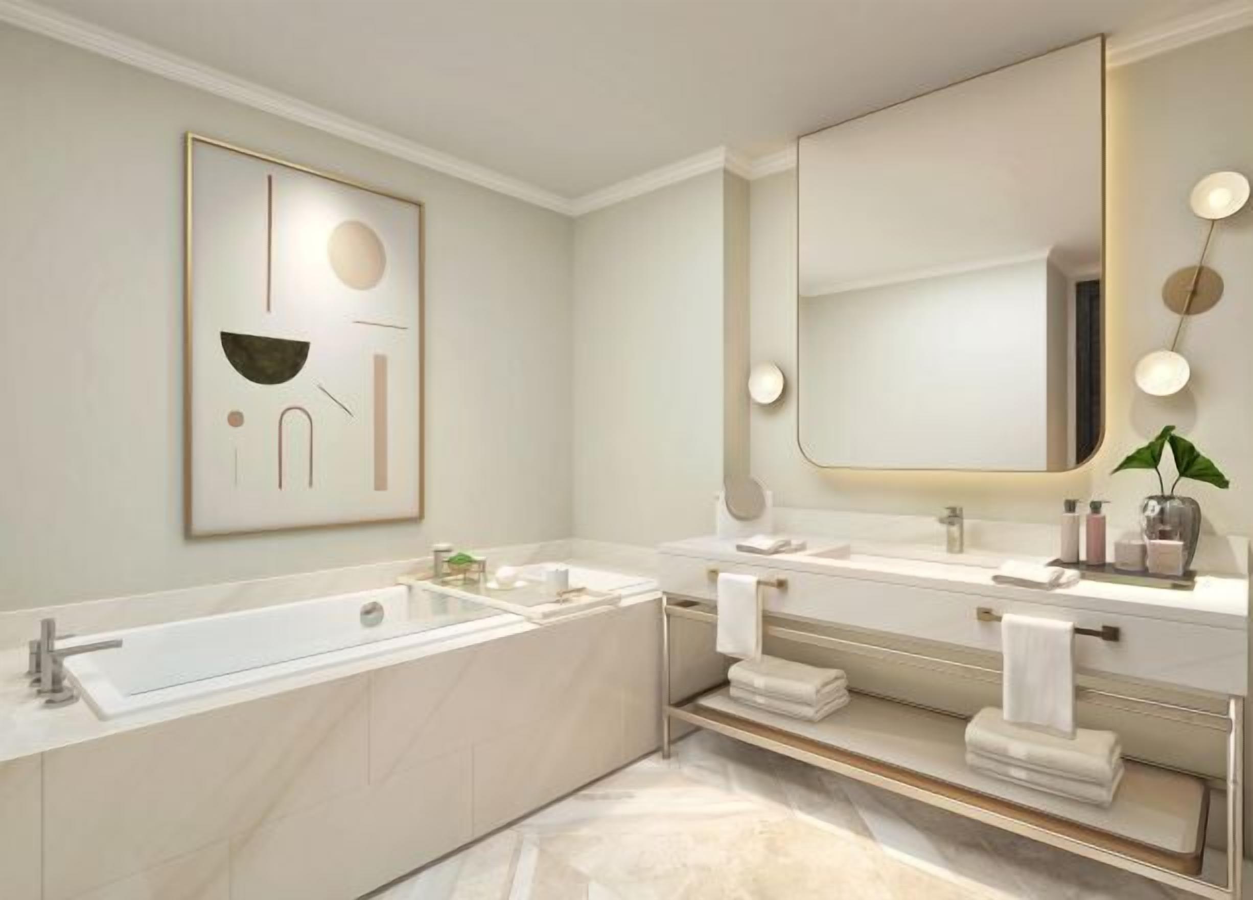 Combined shower/tub, rainfall showerhead, free toiletries, hair dryer