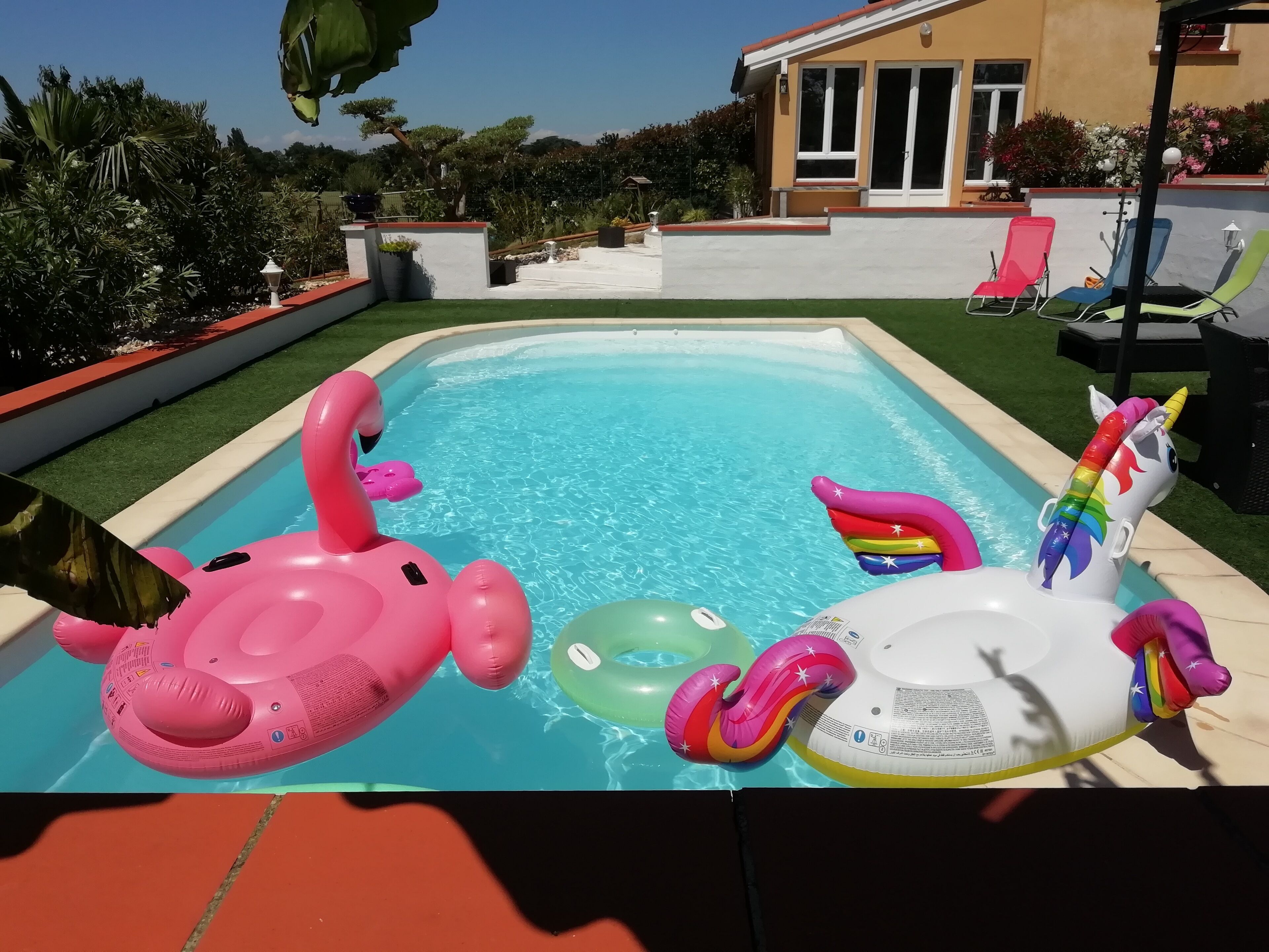 A swimming pool with inflatable toys and a house in the background.