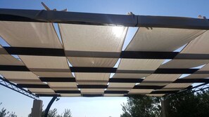 Une structure dotée de plusieurs éléments horizontaux qui projettent une ombre partielle.