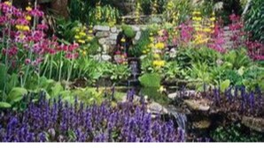 A garden with a pond, various flowers, and a stone pathway. - Trelawne Garden Annexe (Falmouth)