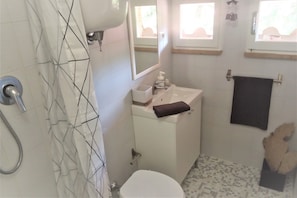 Hair dryer, towels, soap, shampoo