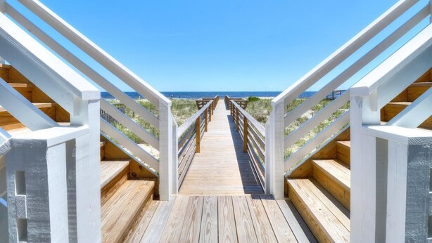 A wooden boardwalk leading to the beach with white railings. - 🌸Lilypad B: Oceanfront Duplex, 2 Decks w/ Beach Views🌸 (Kure Beach)