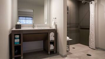 A modern bathroom with a shower, a sink, and a vanity.