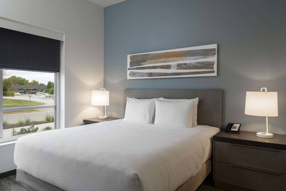 Une chambre d’hôtel avec un grand lit, deux tables de chevet avec des lampes, un tableau au mur et une fenêtre donnant sur un parking et des espaces verts.